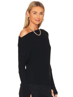 Enza Costa Slouch Top in Black Off-Shoulder Knit Sweater